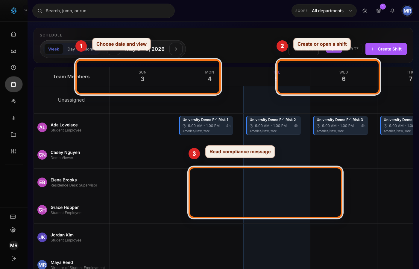 Annotated Shiftelix scheduler assignment view showing campus worker availability and assignments